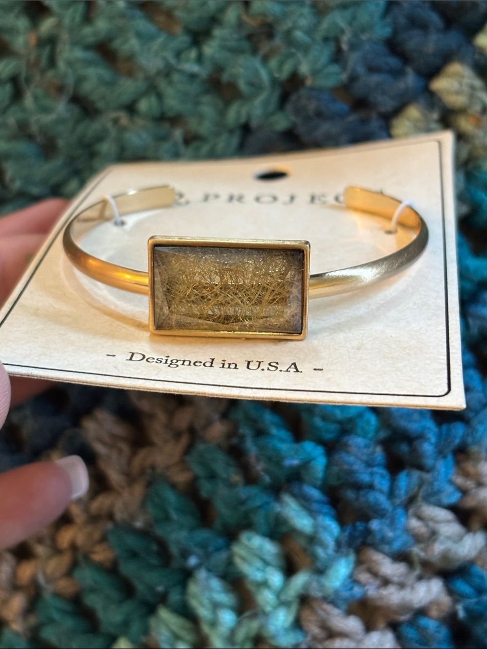 Gold Rectangular Stone Cuff Bracelet - Neutral Green Tones